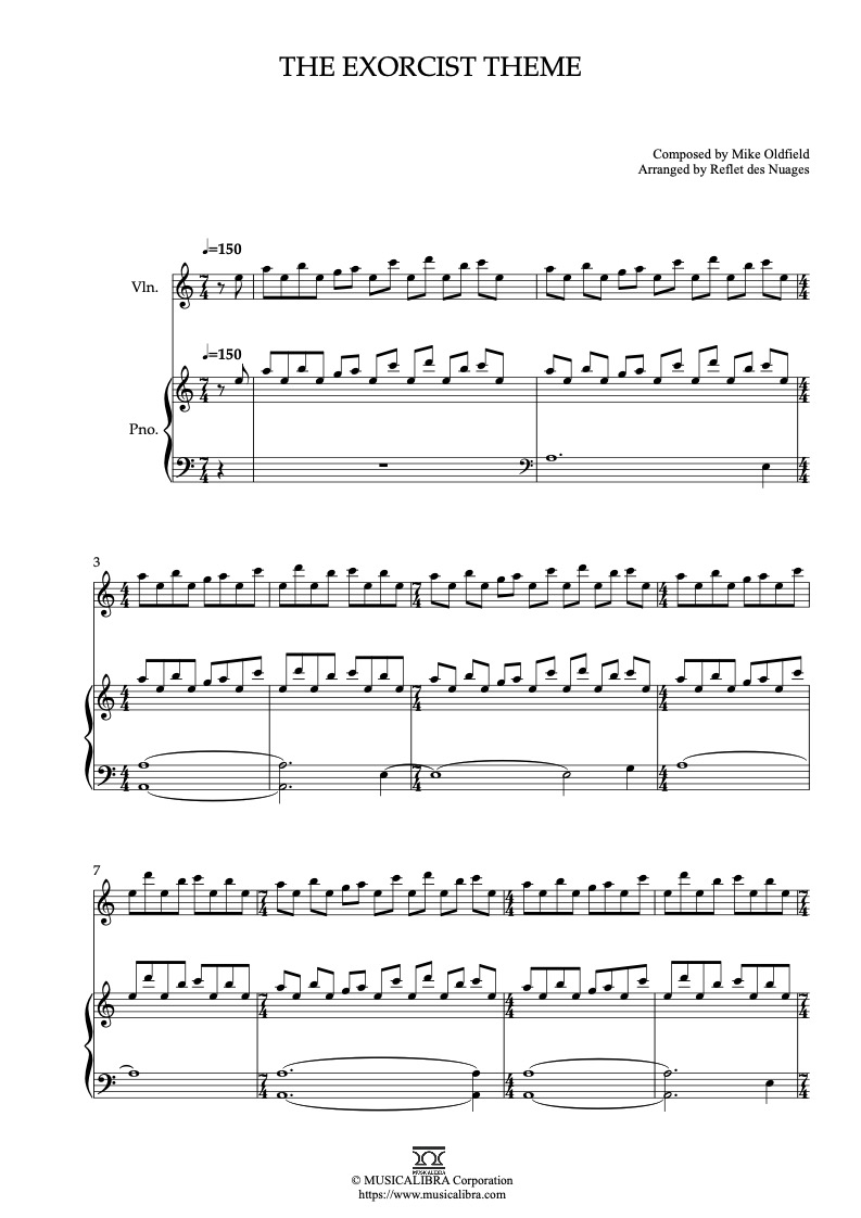 Sheet music of The Exorcist The Exorcist Theme arranged for violin and piano duet chamber ensemble preview page 1