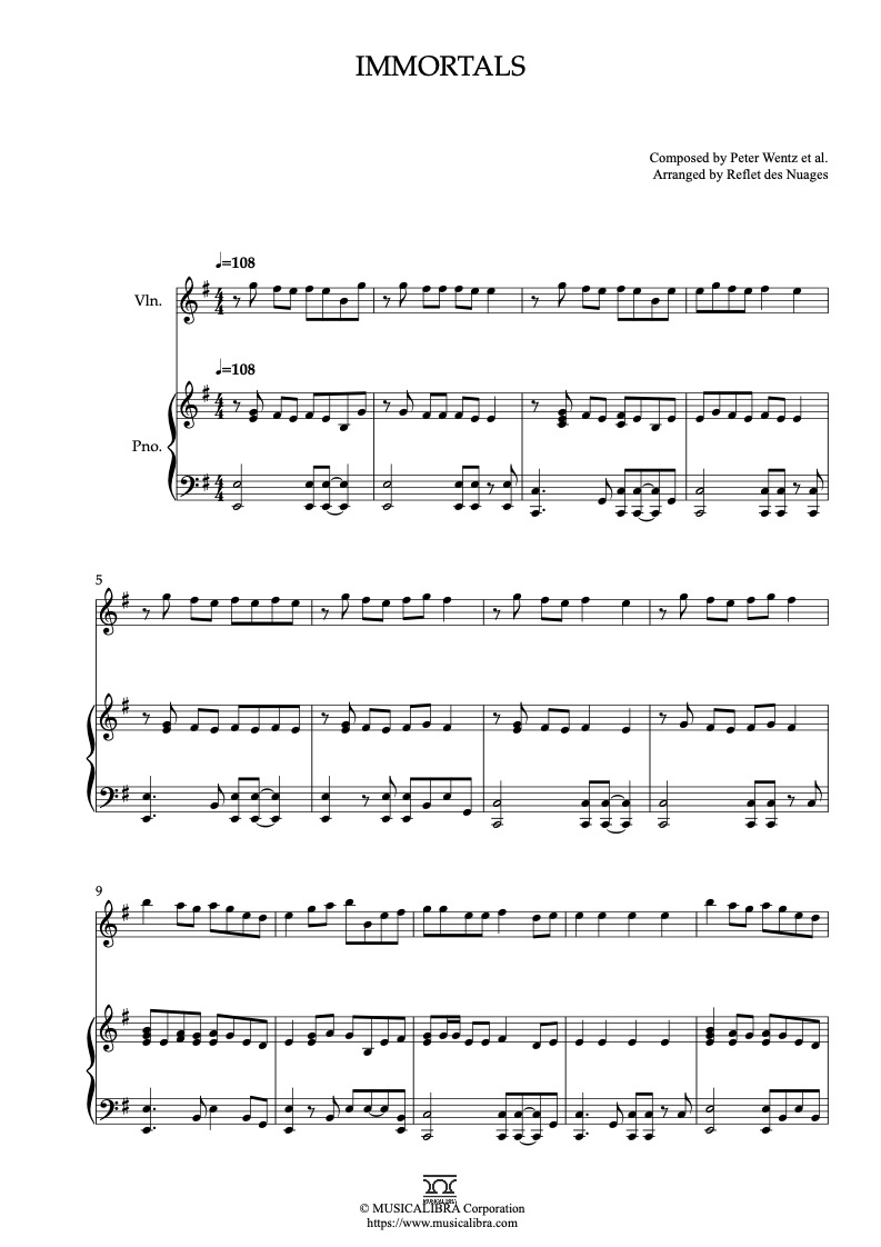 Partitura de Big Hero 6 Immortals arreglada para dueto de violín y piano
