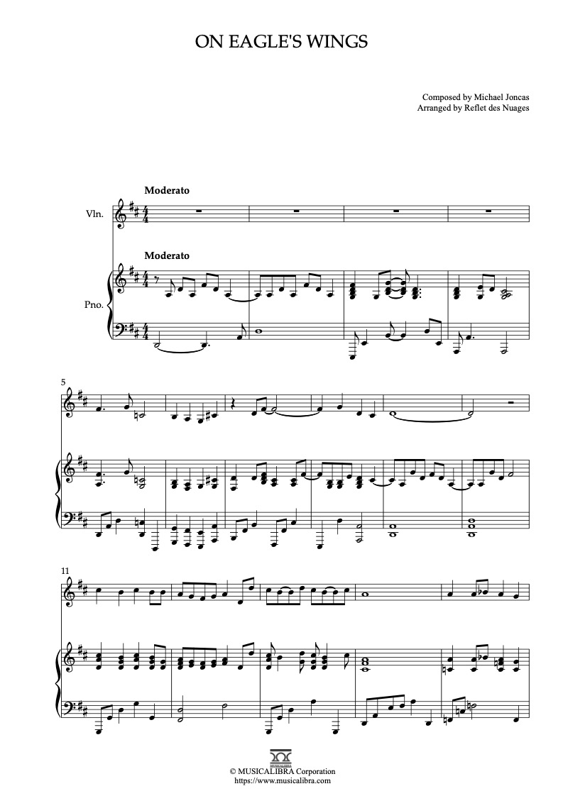 Partitura de On Eagle's Wings arreglada para dueto de violín y piano