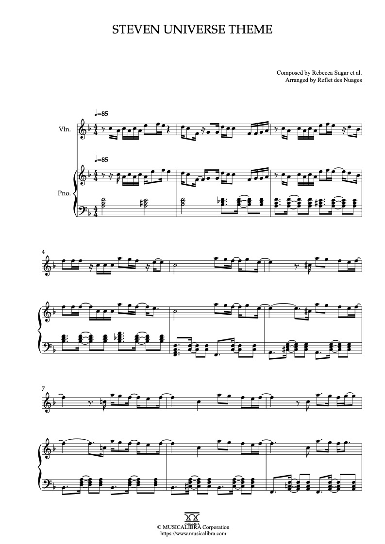 Partitura de Steven Universe Theme arreglada para dueto de violín y piano