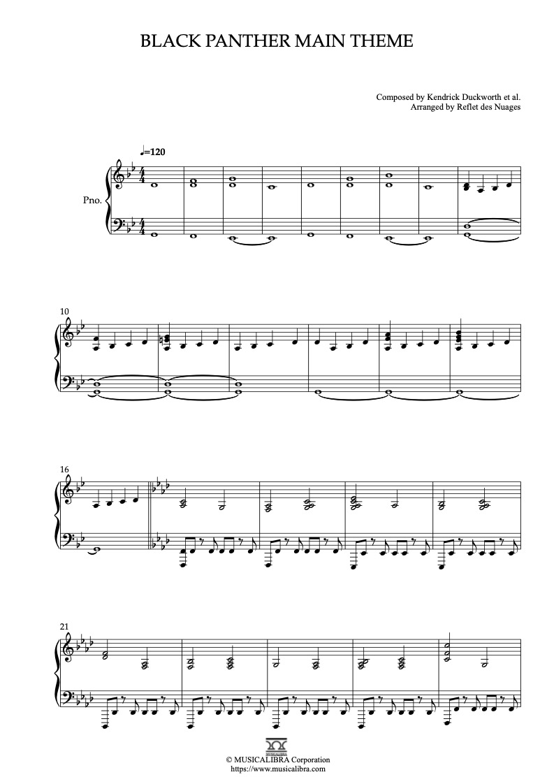 Partitura de Black Panther Main Theme arreglada para piano solo