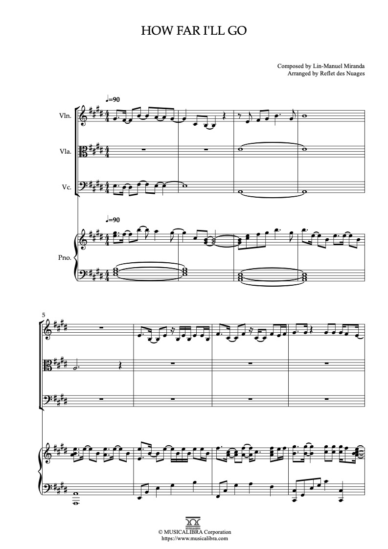 Partitura de How Far I'll Go arreglada para cuarteto de violín, viola, violonchelo y piano