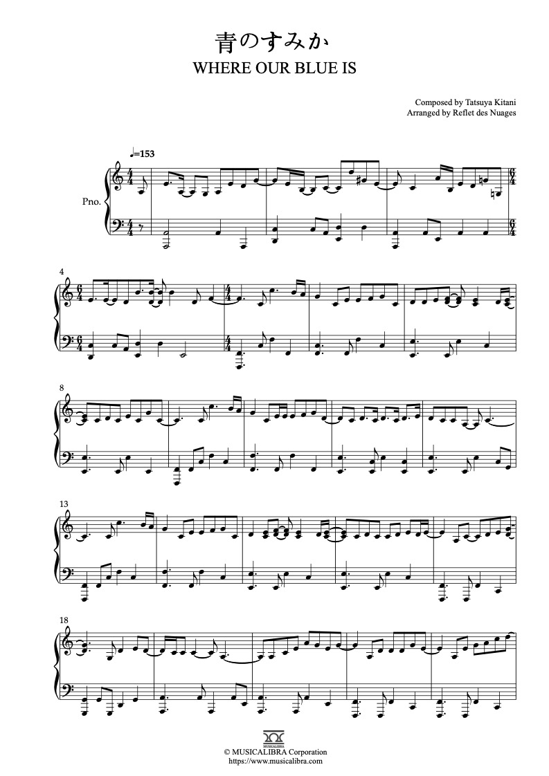 Partitura de Tatsuya Kitani 青のすみか Where Our Blue Is arreglada para piano solo