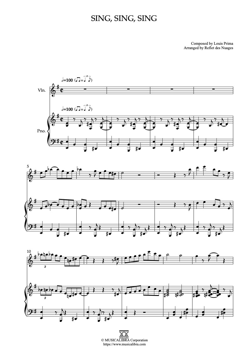 Partitura de Sing, Sing, Sing arreglada para dueto de violín y piano