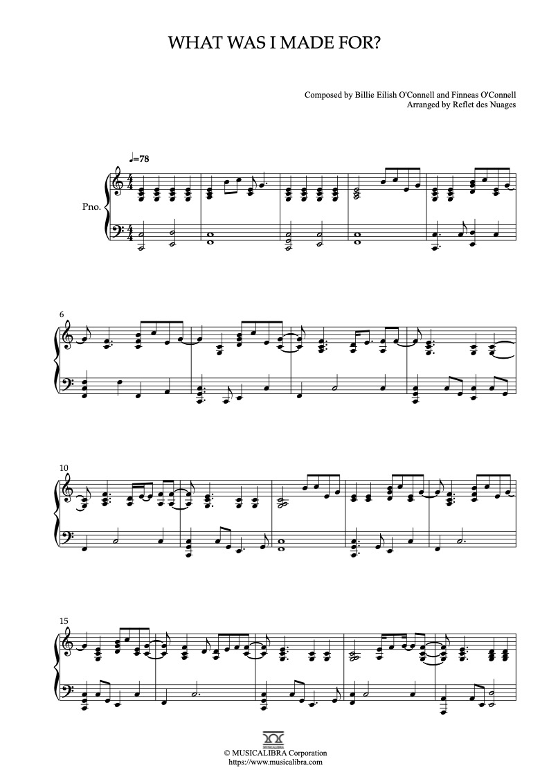 Partitura de Billie Eilish What Was I Made For? arreglada para piano solo