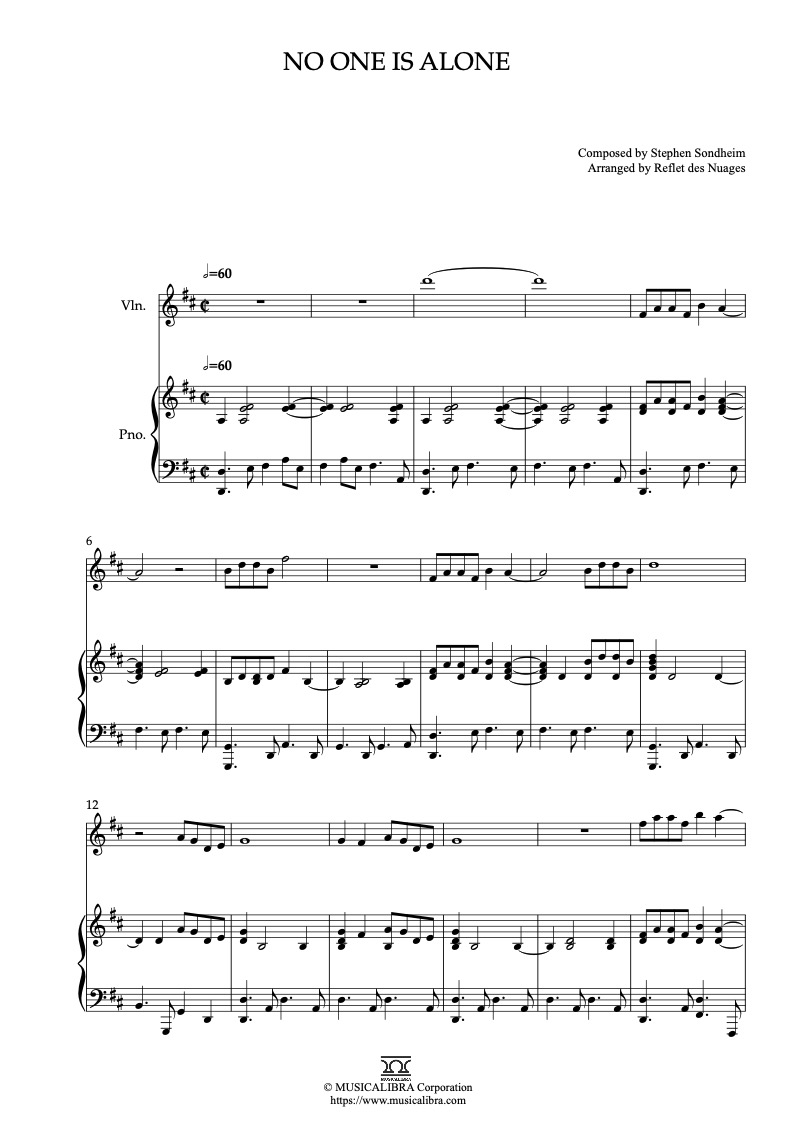 Sheet music of Into the Woods No One Is Alone arranged for violin and piano duet chamber ensemble preview page 1