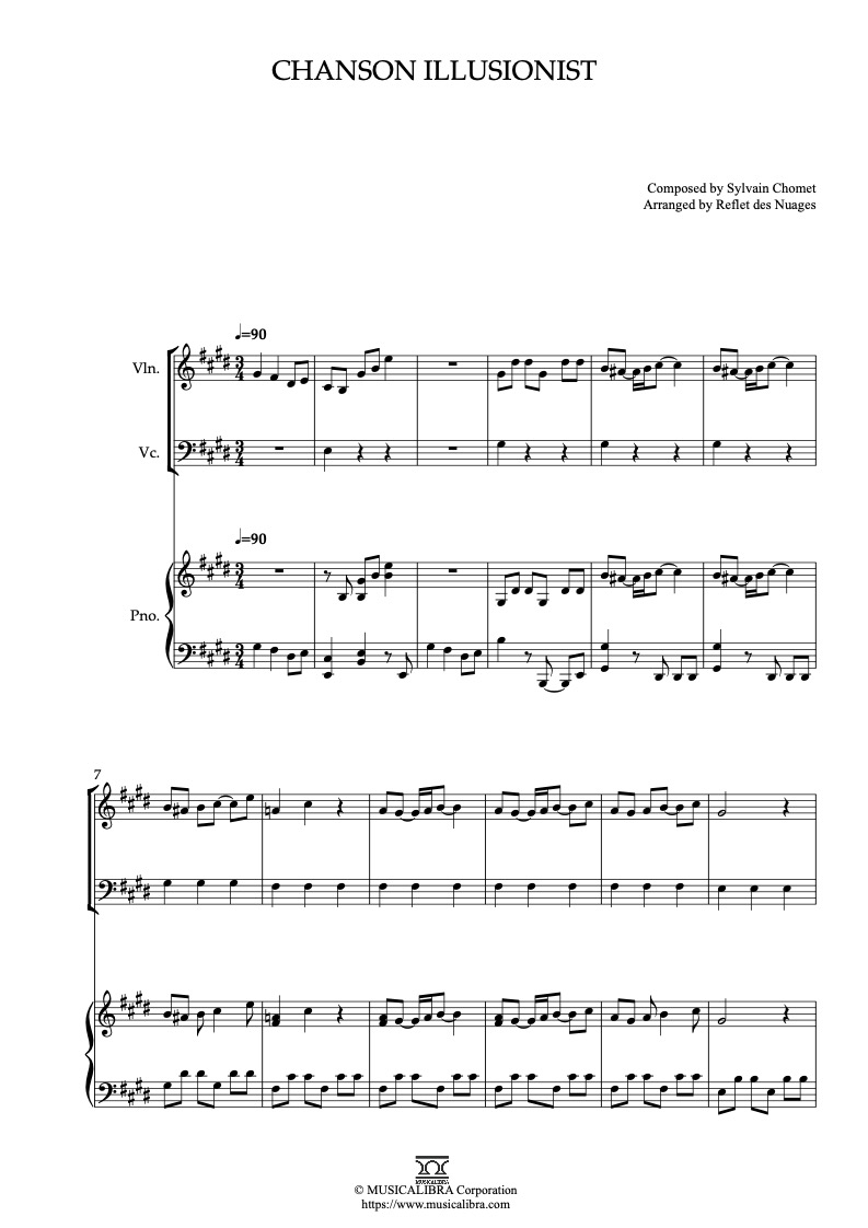 Sheet music of The Illusionist Chanson Illusionist arranged for violin, cello and piano trio chamber ensemble preview page 1