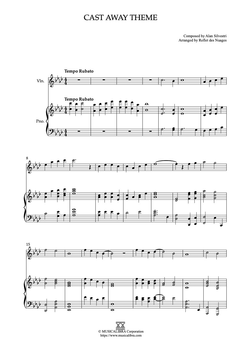 Partitura de Cast Away Theme arreglada para dueto de violín y piano