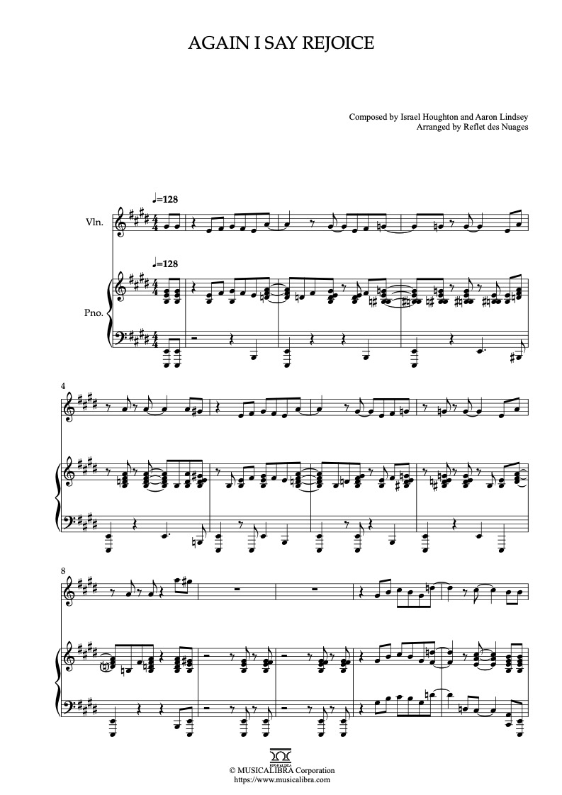 Sheet music of Again I Say Rejoice arranged for violin and piano duet chamber ensemble preview page 1