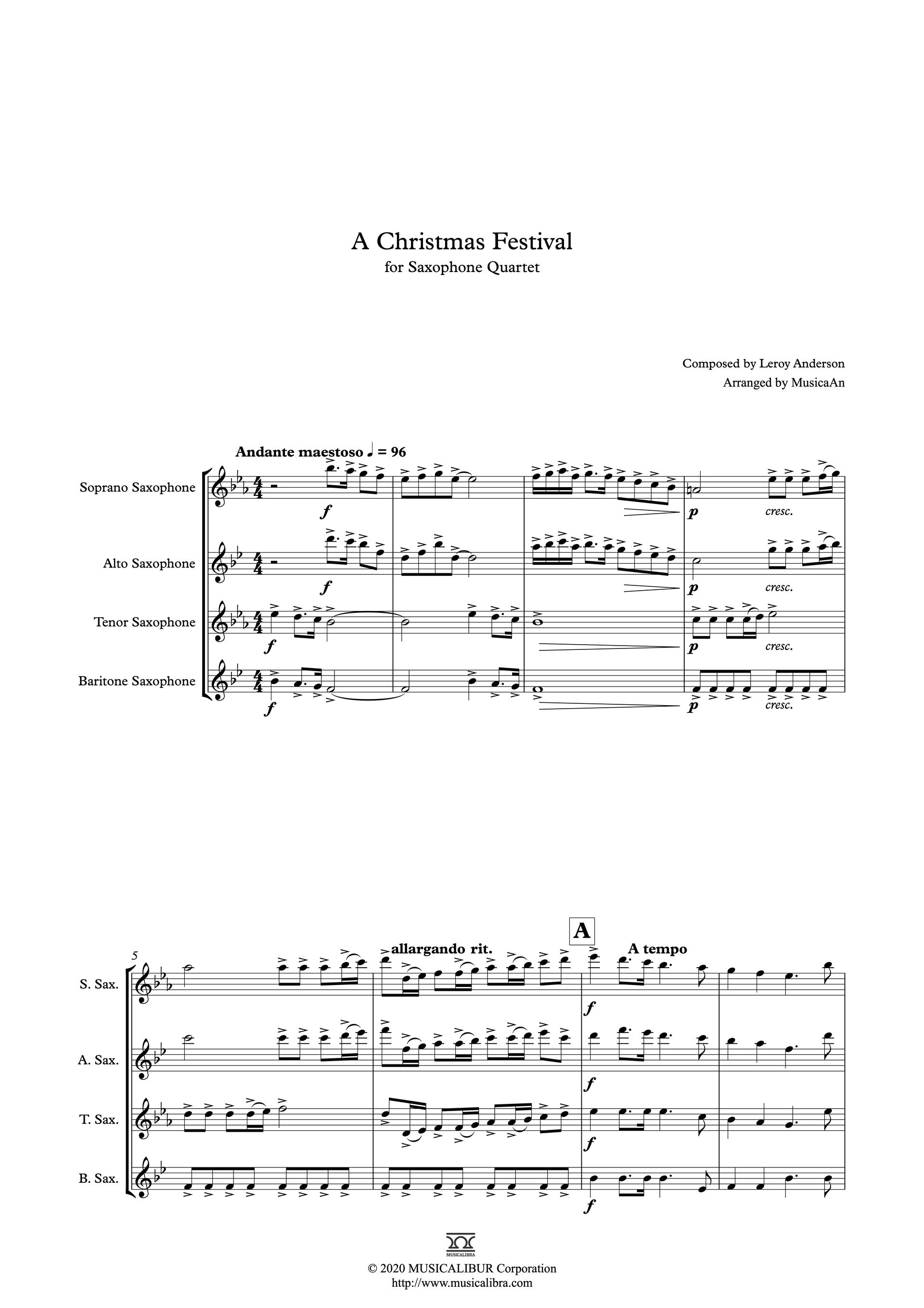 르로이 앤더슨 크리스마스 페스티벌 Leroy Anderson Christmas Festival 색소폰 쿼텟 편곡 악보