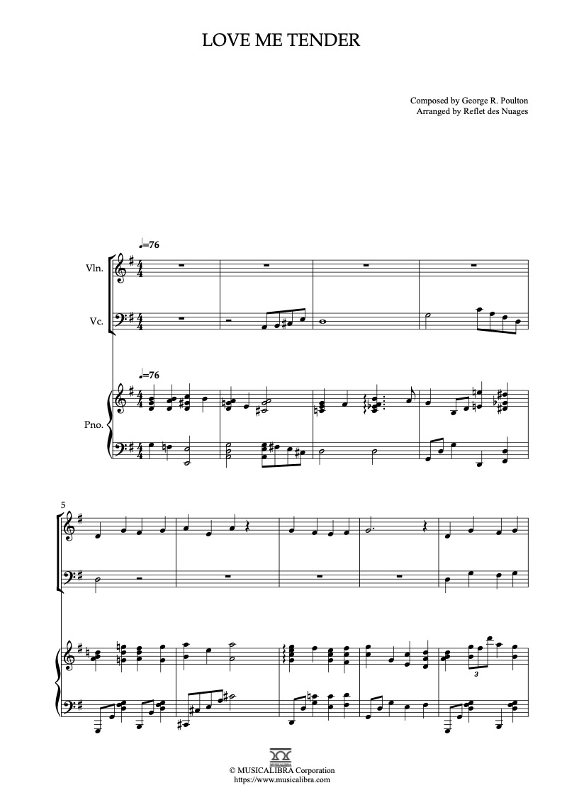 Sheet music of Elvis Presley Love Me Tender arranged for violin, cello and piano trio chamber ensemble preview page 1