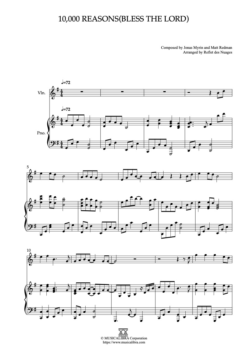 Sheet music of 10,000 Reasons (Bless the Lord) arranged for violin and piano duet chamber ensemble preview page 1