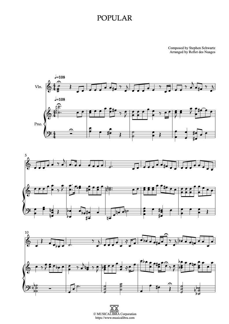 Sheet music of Wicked Popular arranged for violin and piano duet chamber ensemble preview page 1