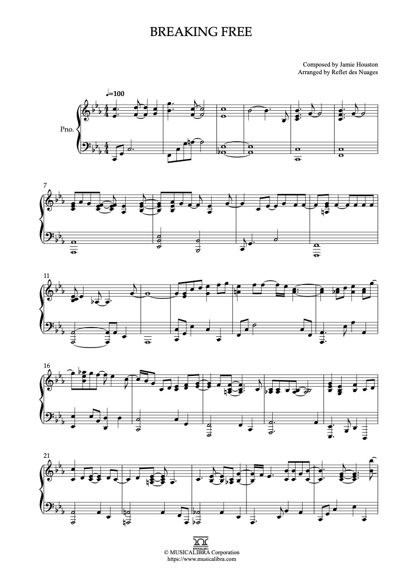 Partitura de High School Musical Breaking Free arreglada para piano solo