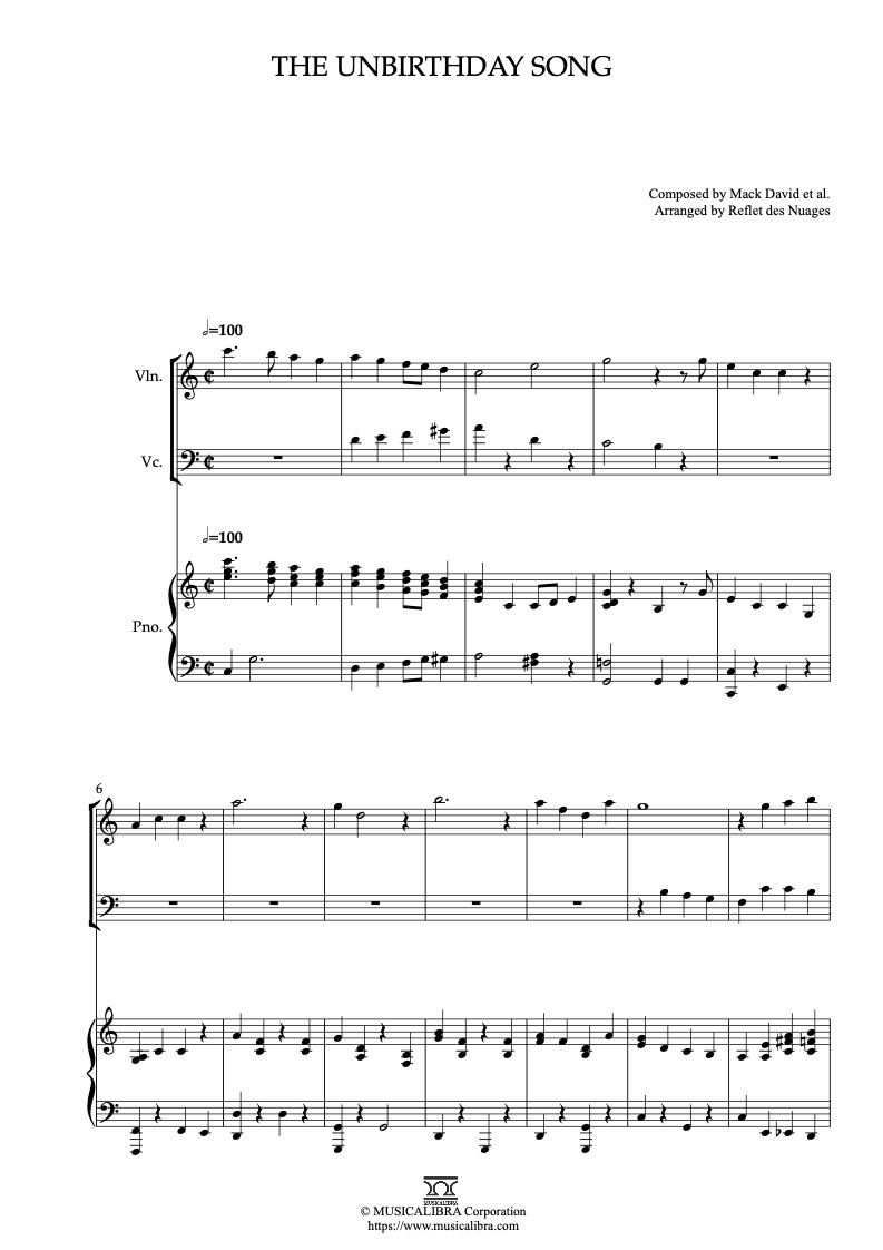 Alice in Wonderland The Unbirthday Song 三重奏 乐谱 - 小提琴, 大提琴, 钢琴