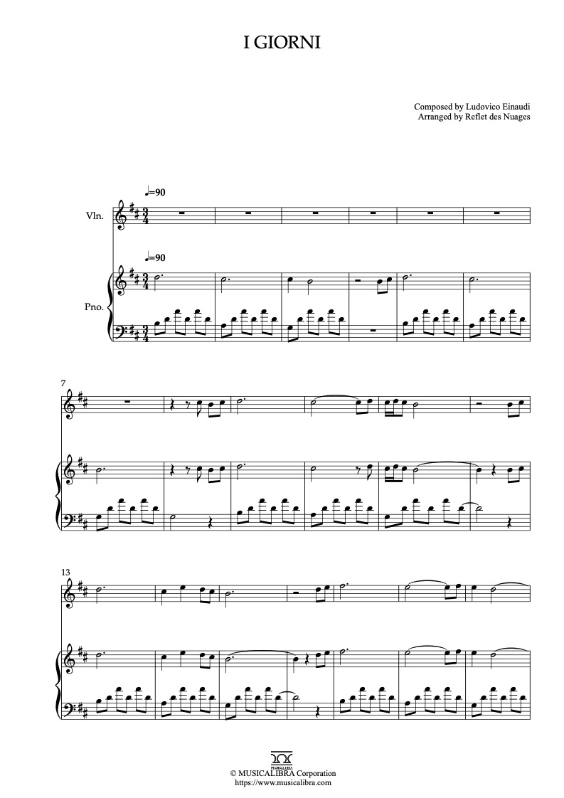Partitura de Ludovico Einaudi I Giorni arreglada para dueto de violín y piano