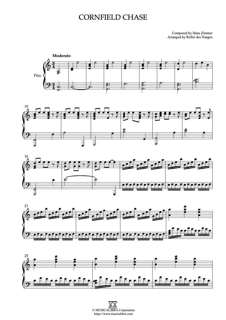 Partitura de Interstellar Theme Cornfield Chase arreglada para piano solo
