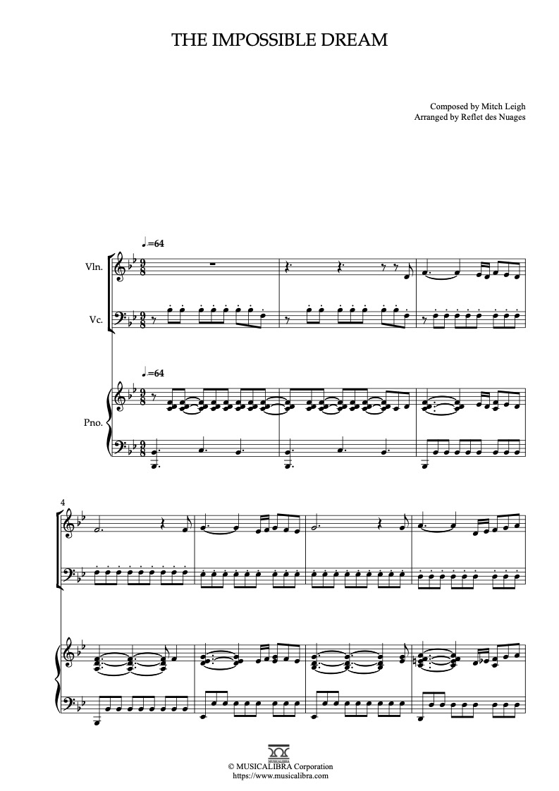 Sheet music of Man of La Mancha The Impossible Dream arranged for violin, cello and piano trio chamber ensemble preview page 1