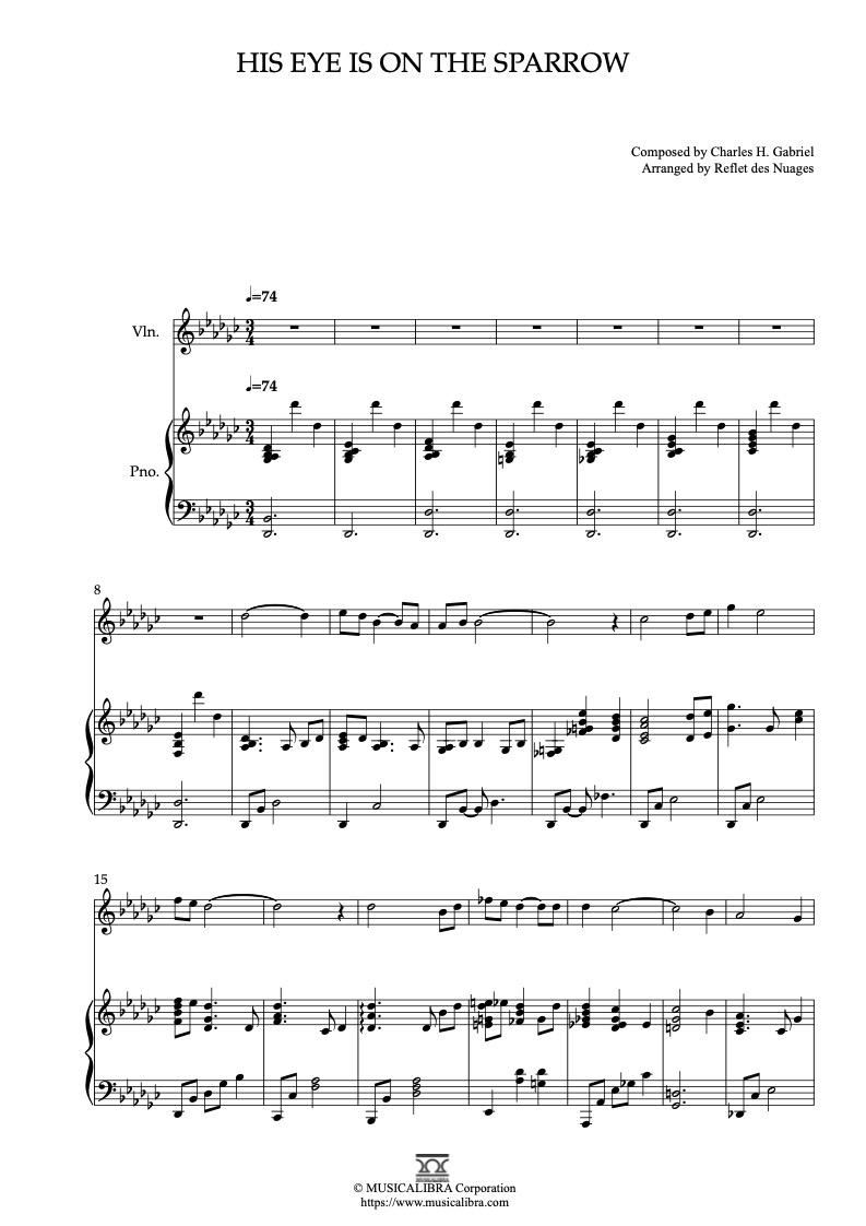 Partitura de His Eye Is on the Sparrow arreglada para dueto de violín y piano