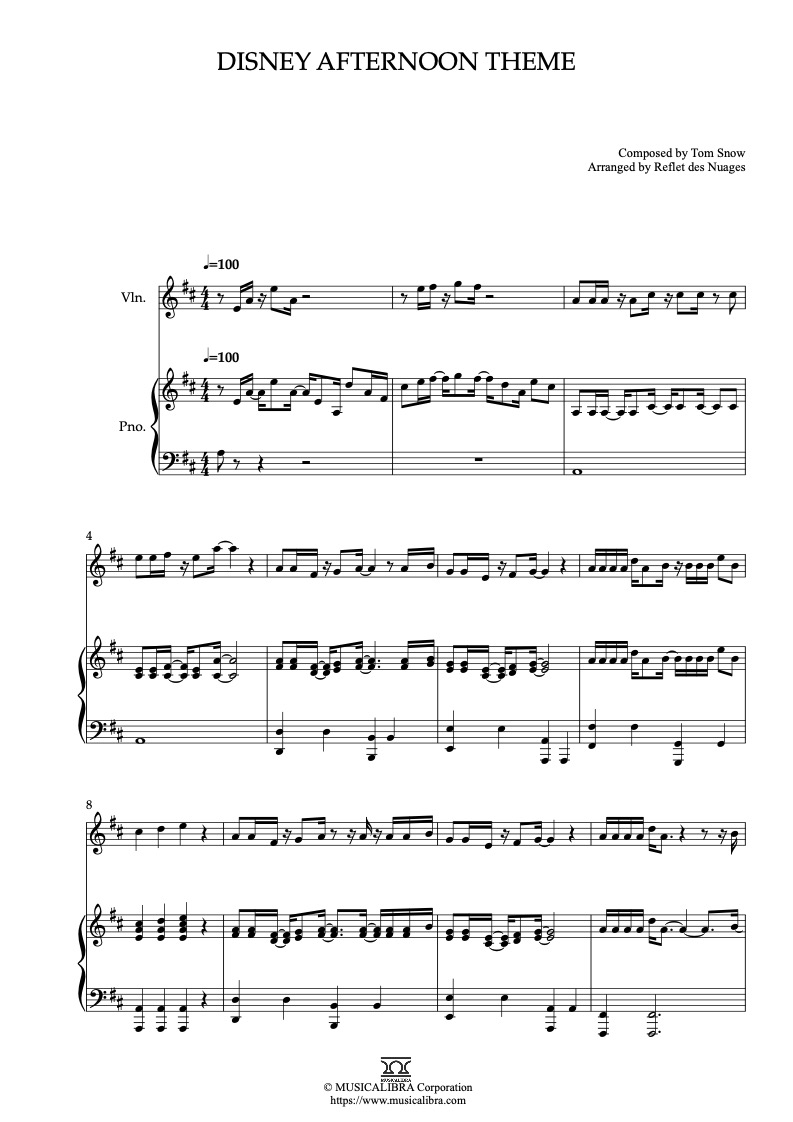 Partitura de Disney Afternoon Theme arreglada para dueto de violín y piano
