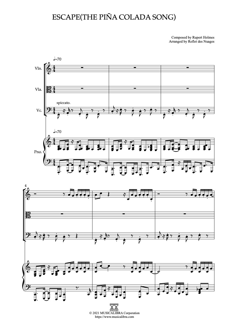 Rupert Holmes Escape(The Piña Colada Song) 四重奏 乐谱 - 小提琴, 中提琴, 大提琴, 钢琴