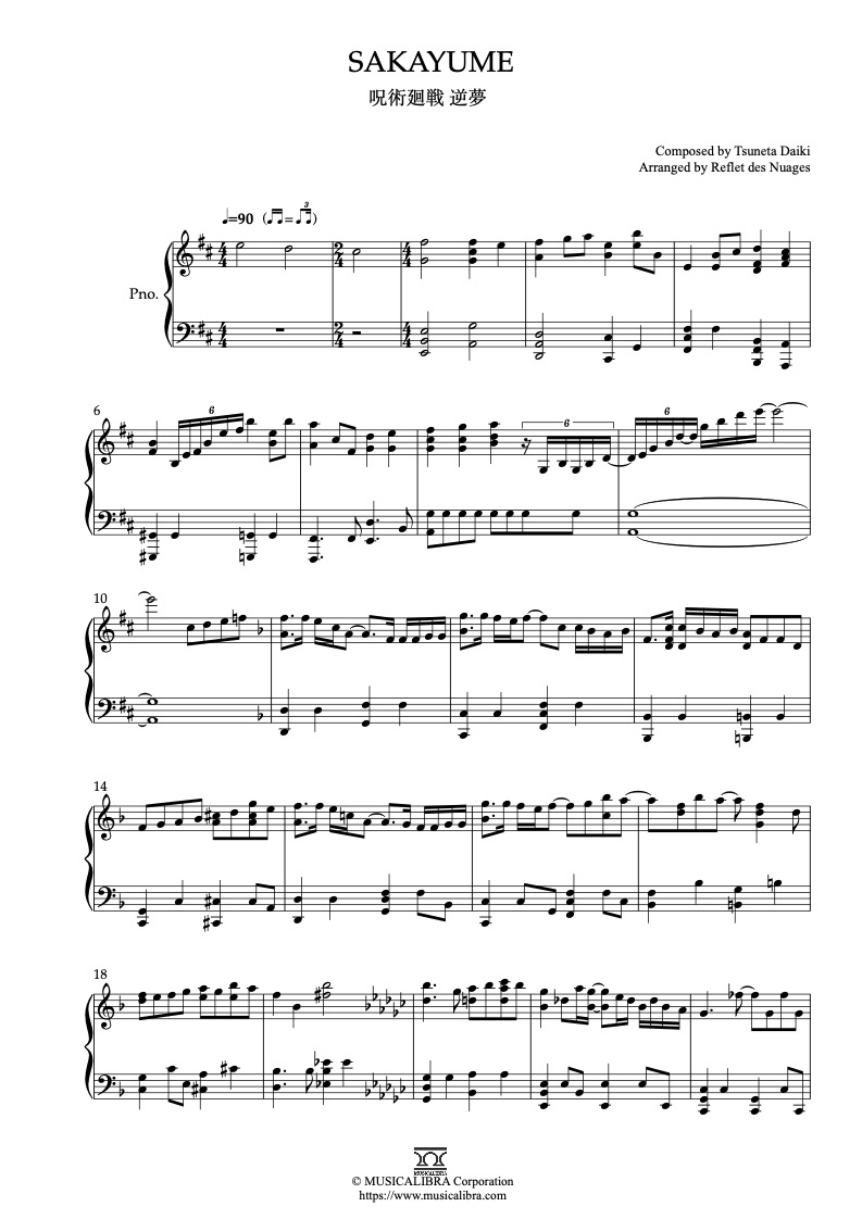Partitura de Jujutsu Kaisen Sakayume arreglada para piano solo
