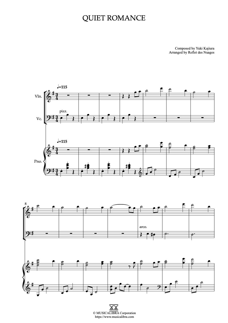 Sheet music of Quiet Romance arranged for violin, cello and piano trio chamber ensemble preview page 1