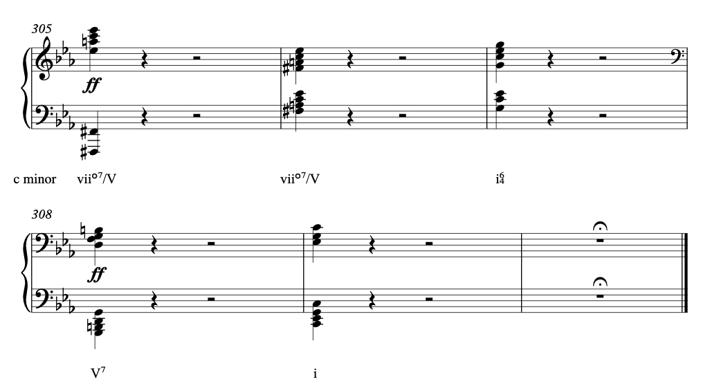 Analysis of Beethoven Piano Sonata No. 8 in C minor, Op. 13, "Sonata Pathétique" - mm. 305 - 310. Coda