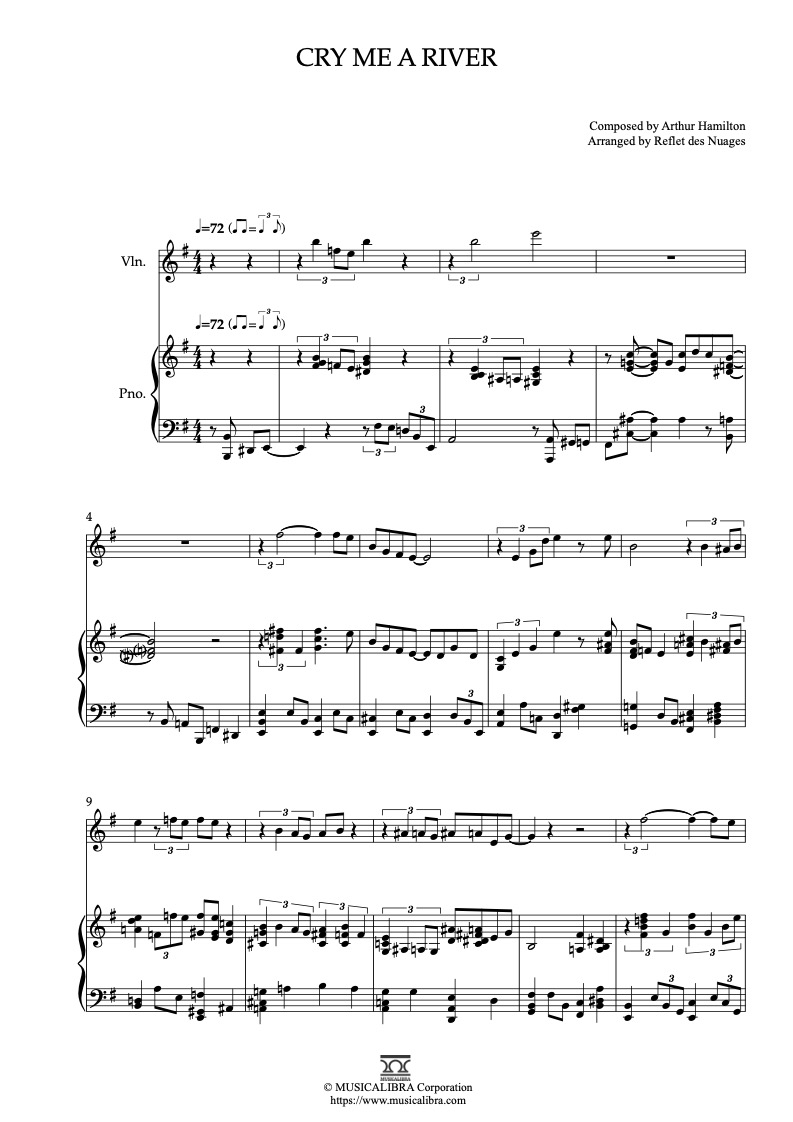 Ella Fitzgerald Cry Me a River 編曲楽譜 - ヴァイオリン、ピアノデュエット