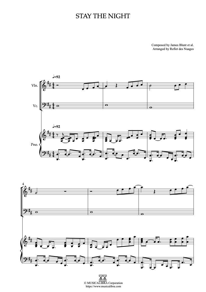 James Blunt Stay the Night 三重奏 乐谱 - 小提琴, 大提琴, 钢琴
