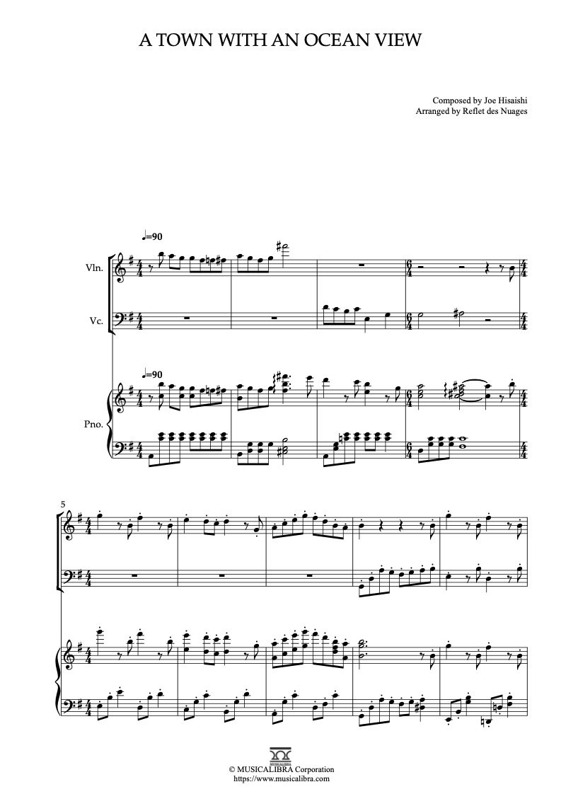 Sheet music of A Town With an Ocean View arranged for violin, cello and piano trio chamber ensemble preview page 1