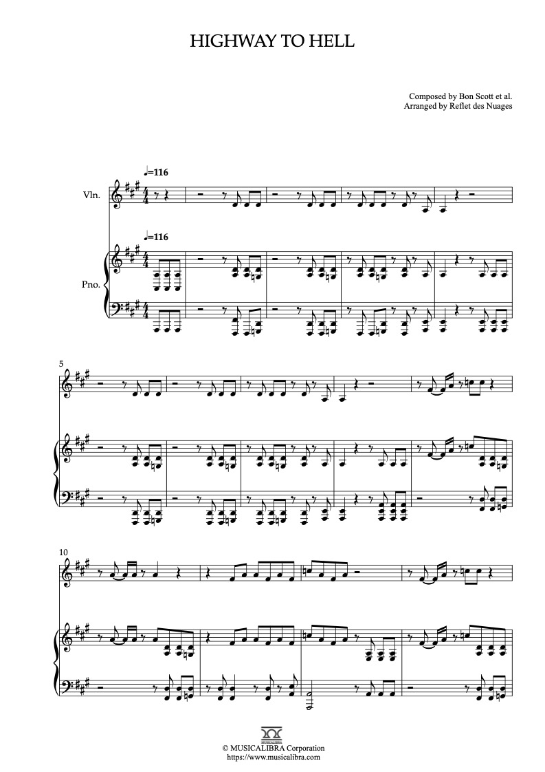 Partitura de AC/DC Highway to Hell arreglada para dueto de violín y piano
