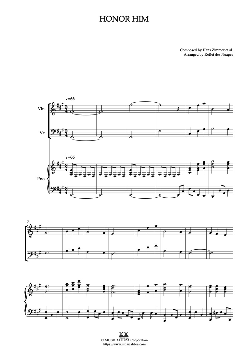 Partitura de Gladiator Honor Him arreglada para trío de violín, violonchelo y piano