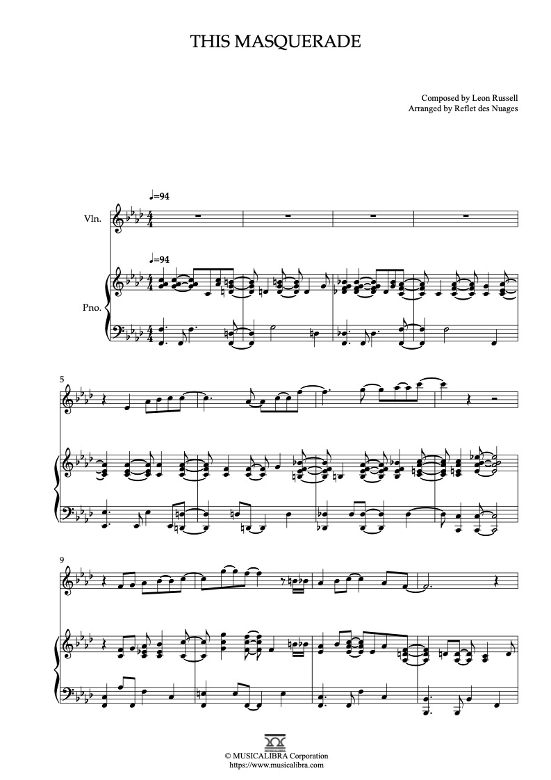 Partitura de This Masquerade arreglada para dueto de violín y piano