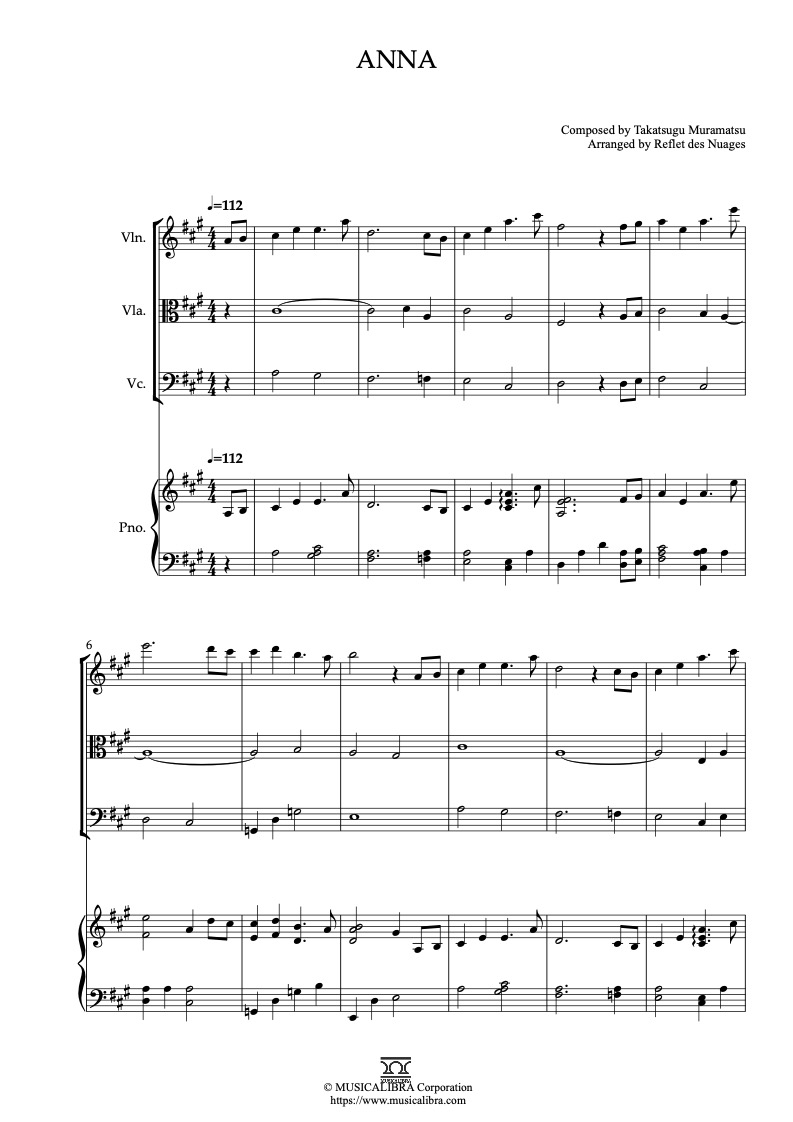 Partitura de When Marnie Was There Anna arreglada para cuarteto de violín, viola, violonchelo y piano