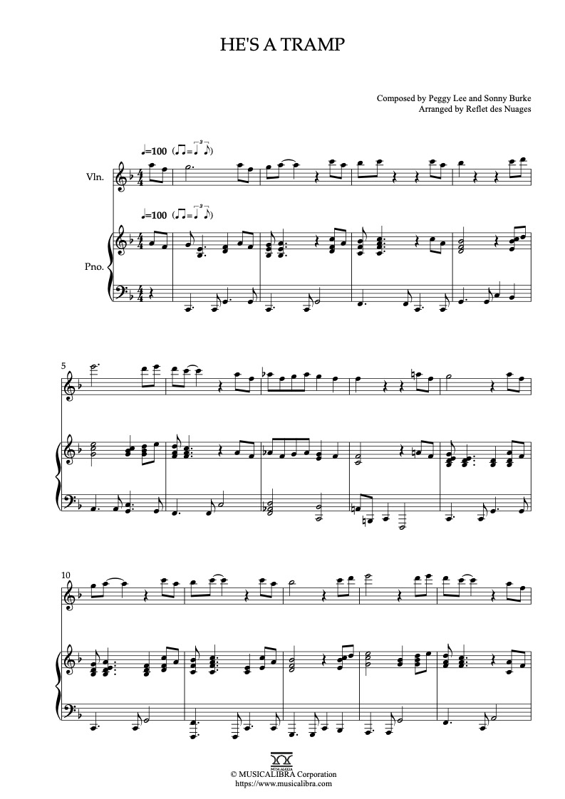 Lady and the Tramp He's a Tramp 二重奏 乐谱 - 小提琴, 钢琴