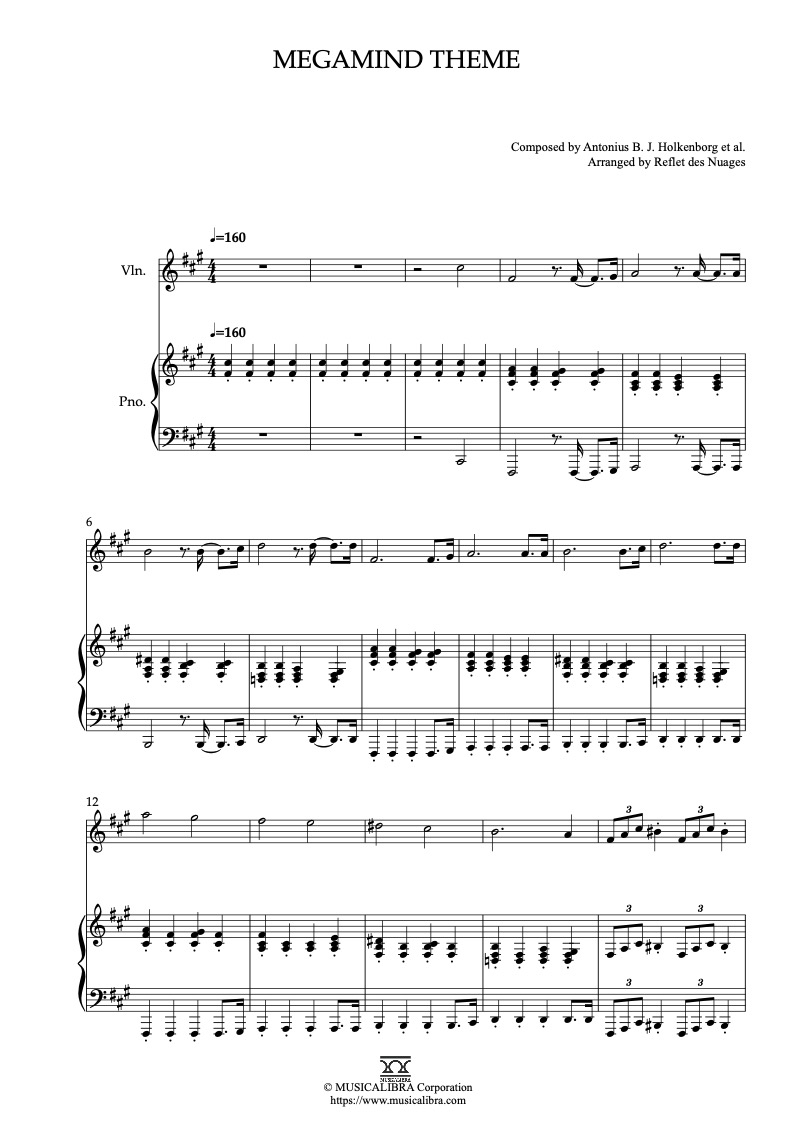 Megamind Theme 編曲楽譜 - ヴァイオリン、ピアノデュエット