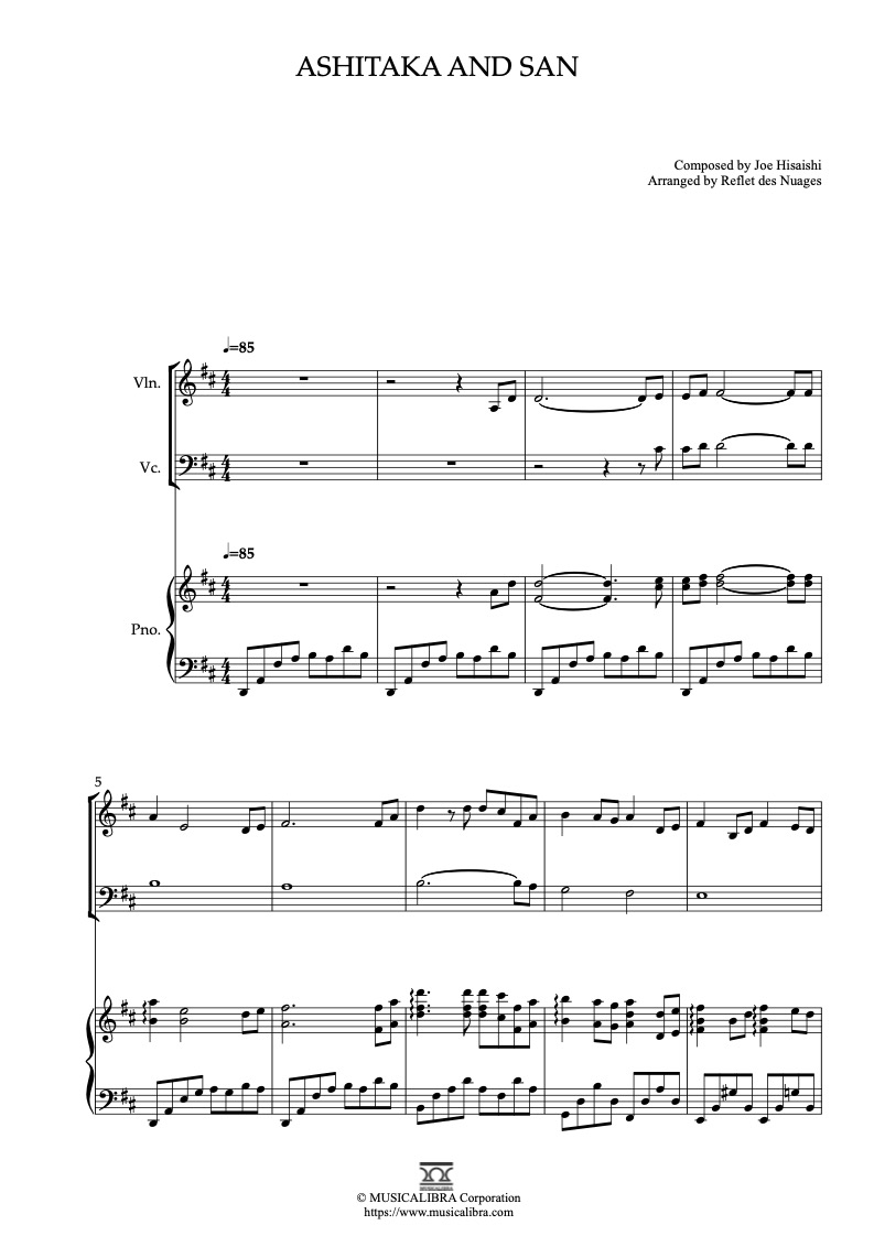 Princess Mononoke Ashitaka and San 三重奏 樂譜 - 小提琴, 大提琴, 鋼琴