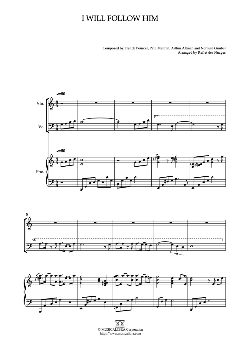 Partitura de I Will Follow Him arreglada para trío de violín, violonchelo y piano