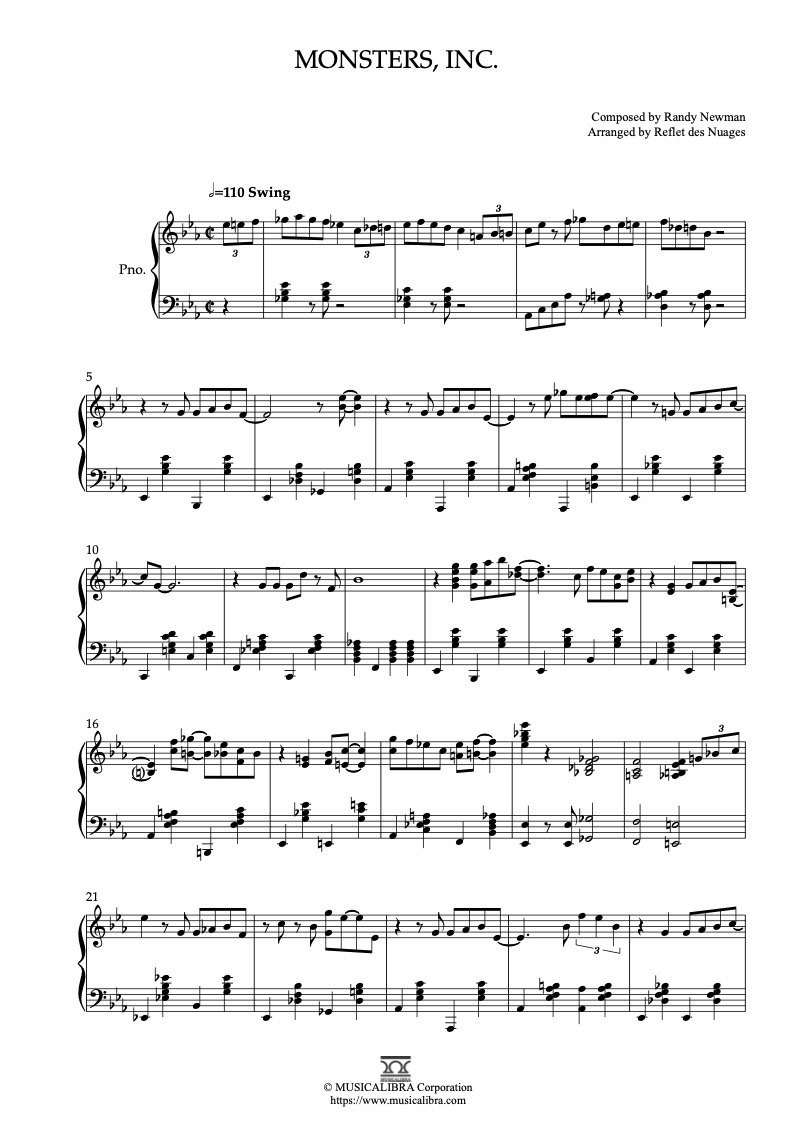 Partitura de Monsters, Inc. arreglada para piano solo