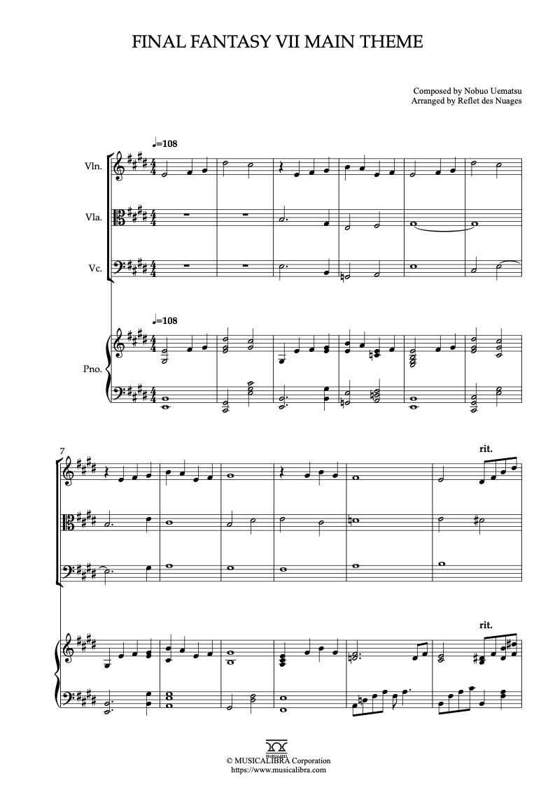 Final Fantasy VII Main Theme 編曲楽譜 - ヴァイオリン、ビオラ、チェロ、ピアノ 室内楽 カルテット アンサンブル