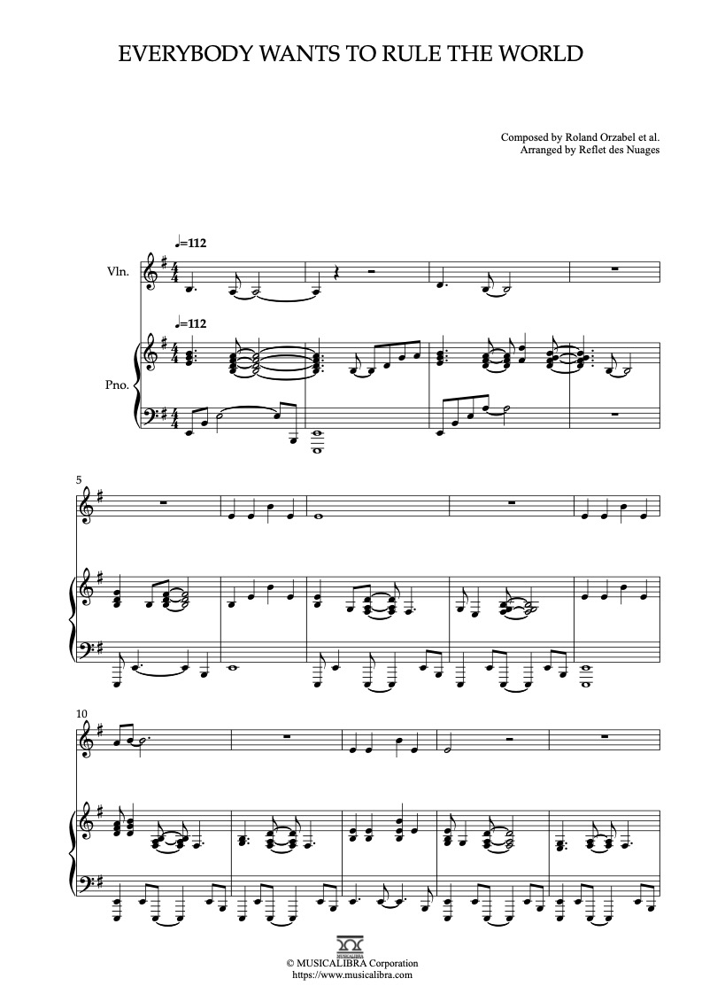 Tears for Fears Everybody Wants to Rule the World 二重奏 乐谱 - 小提琴, 钢琴