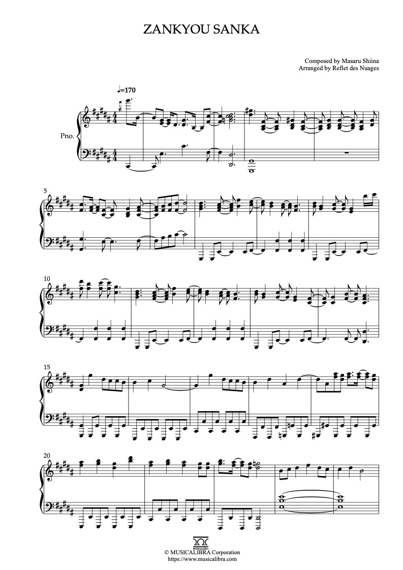 Sheet music of Demon Slayer Zankyou Sanka arranged for piano solo preview page 1
