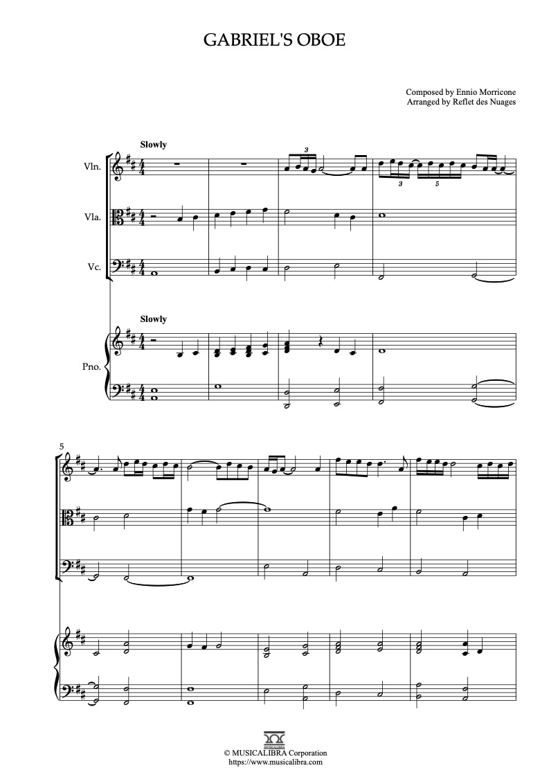 Partitura de Gabriel's Oboe arreglada para cuarteto de violín, viola, violonchelo y piano