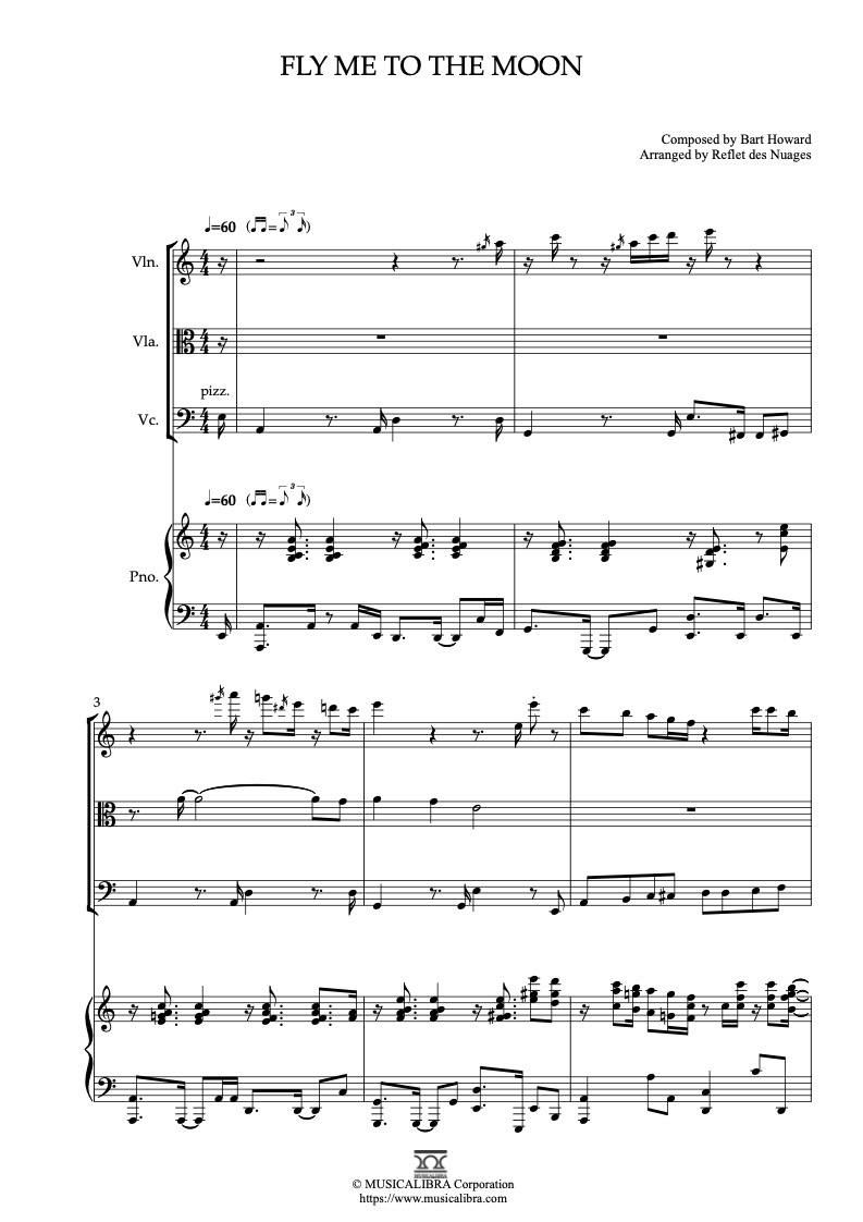 Sheet music of Fly Me to the Moon arranged for violin, viola, cello and piano quartet chamber ensemble preview page 1