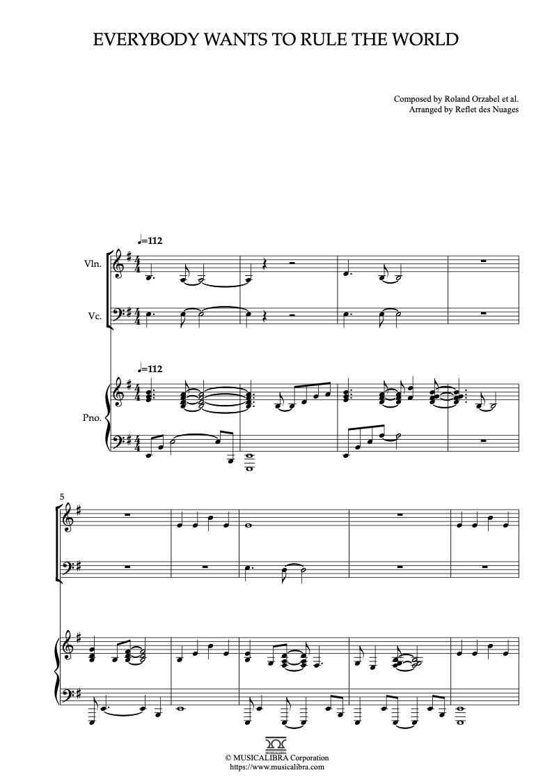 Sheet music of Tears for Fears Everybody Wants to Rule the World arranged for violin, cello and piano trio chamber ensemble preview page 1