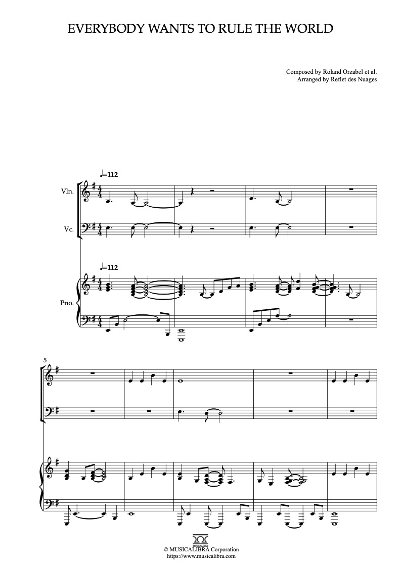 Everybody wants to rule the world – Tears for Fears Sheet music for Violin,  Cello (String Quartet)