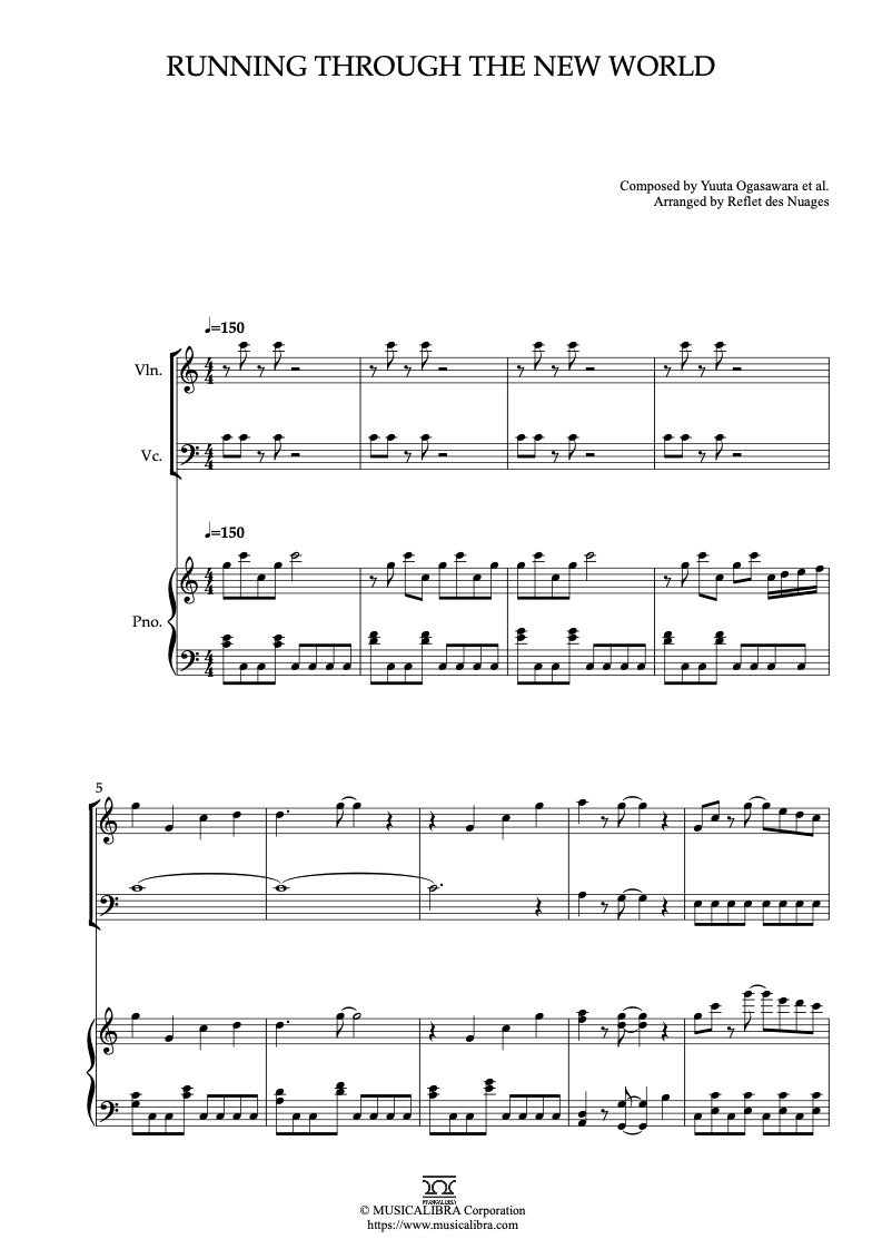Partitura de Kirby and the Forgotten Land Running Through the New World arreglada para trío de violín, violonchelo y piano