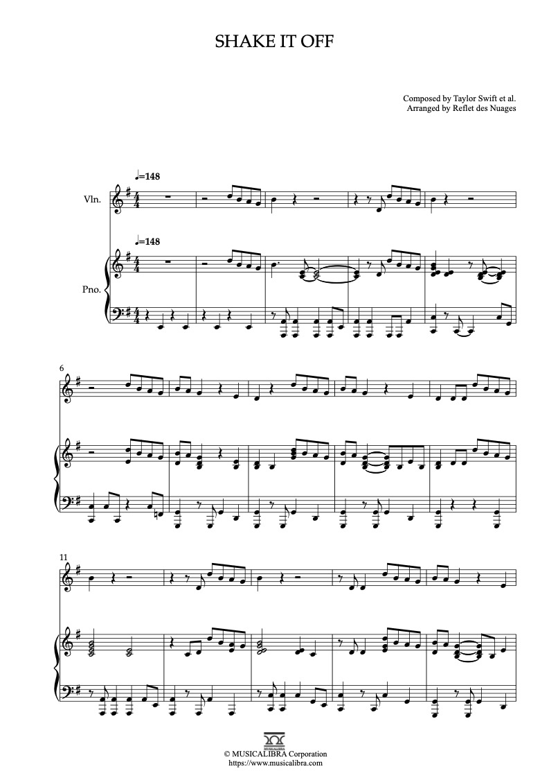 Sheet music of Taylor Swift Shake It Off arranged for violin and piano duet chamber ensemble preview page 1