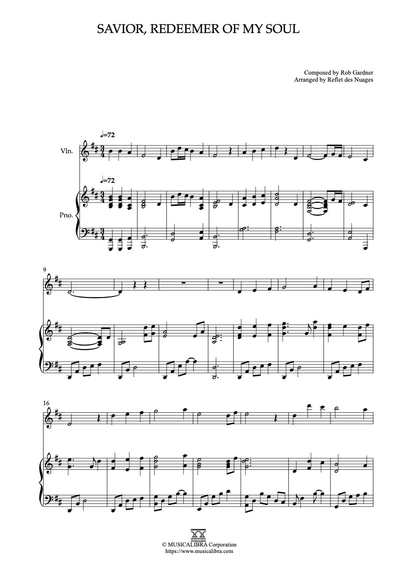 Sheet music of Savior, Redeemer of My Soul arranged for violin and piano duet preview page 1